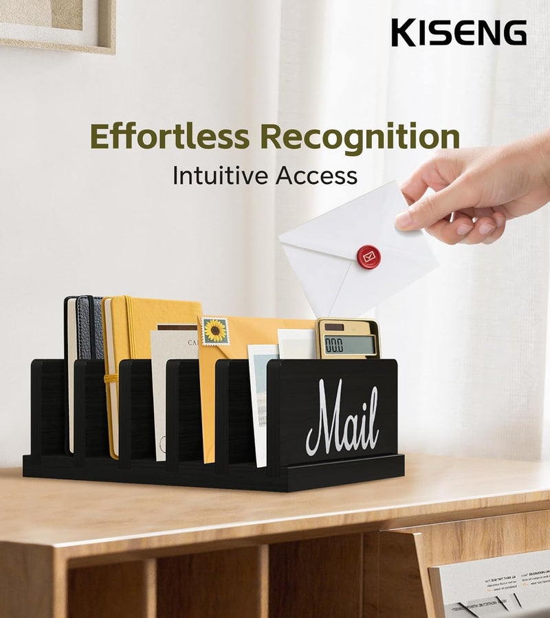 KISENG Mail Organizer for Desk,Wooden Mail Holder with Divider, 5-Slot Letter Sorter File Holder,Vertical Bill Organizer for Desktop Document/Notebook/Filing/Folders/Paper - Image 2